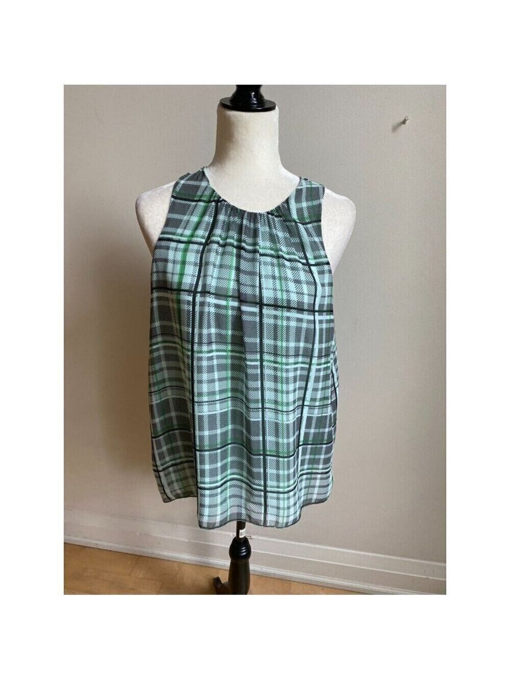 Vince Camuto women green plaid tank top blouse sz small